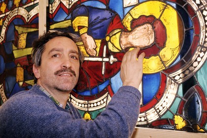 Italie, Toscane, Sienne, restauration du vitrail de Duccio di Buoninsegna à la Cathédrale de Sienne (Duomo)