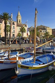 France, Var (83), Sanary-sur-Mer, barques traditionnelles de peche appelées pointus sur le port et l'église Saint-Nazaire