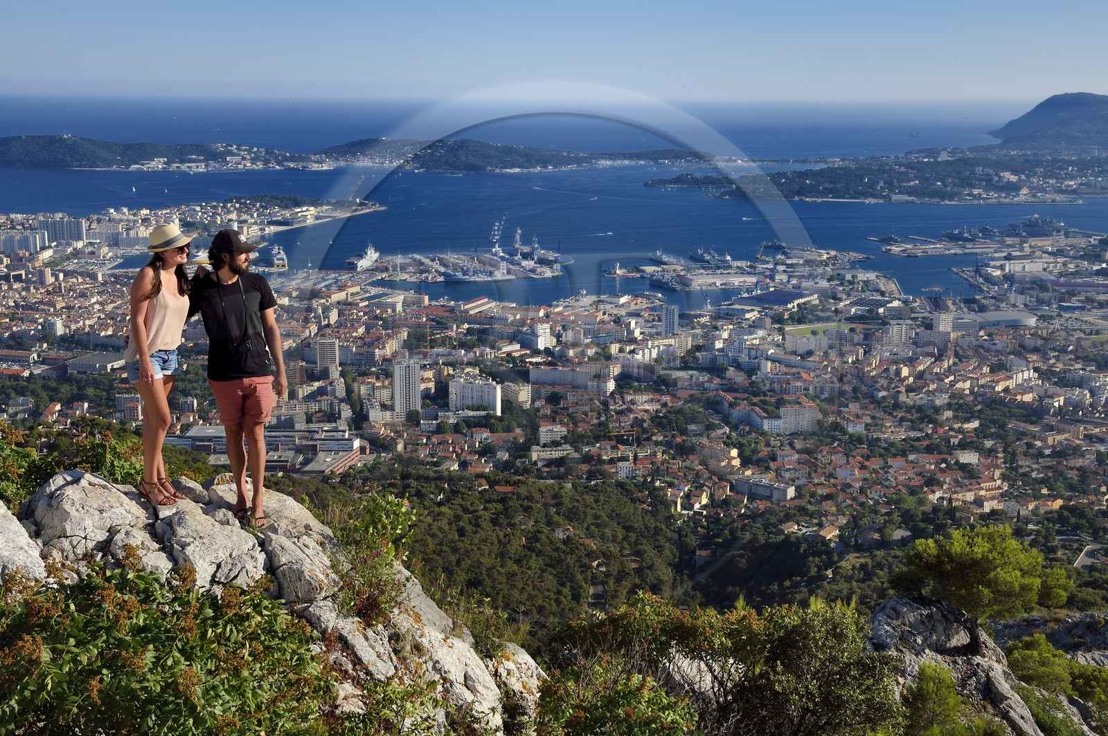 France, Var, Toulon, the Rade (Roadstead) and the naval base from Mount Faron, the peninsula of Saint Mandrier, Tamaris and Cape Sicie in the background