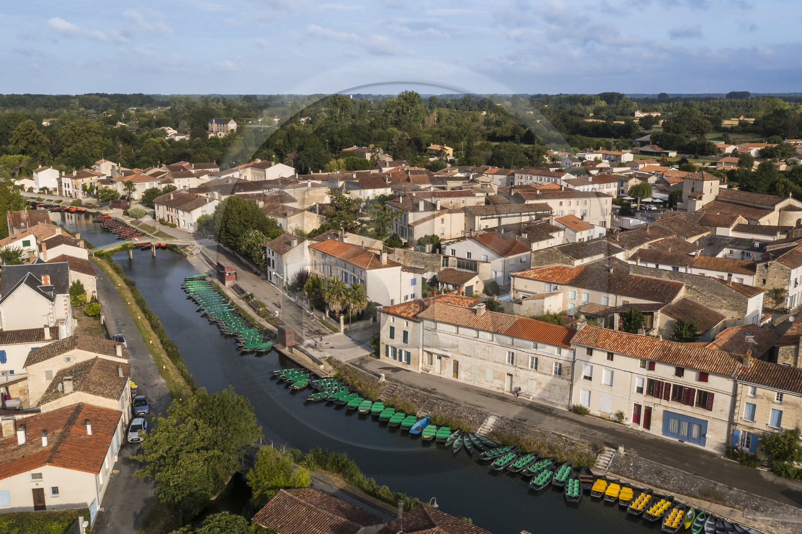 France, Deux-Sèvres (79), le Marais Poitevin, la Venise Verte, Coulon, labellisé Les Plus Beaux Villages de France, barques à fond plat sur les rives de la Sèvre Niortaise (vue aérienne)