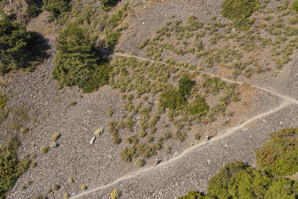 France, Var, La Seyne sur Mer, hike in the Cap Sicie massif along the Chemin du Joncquet below the Corniche Merveilleuse (aerial view)
