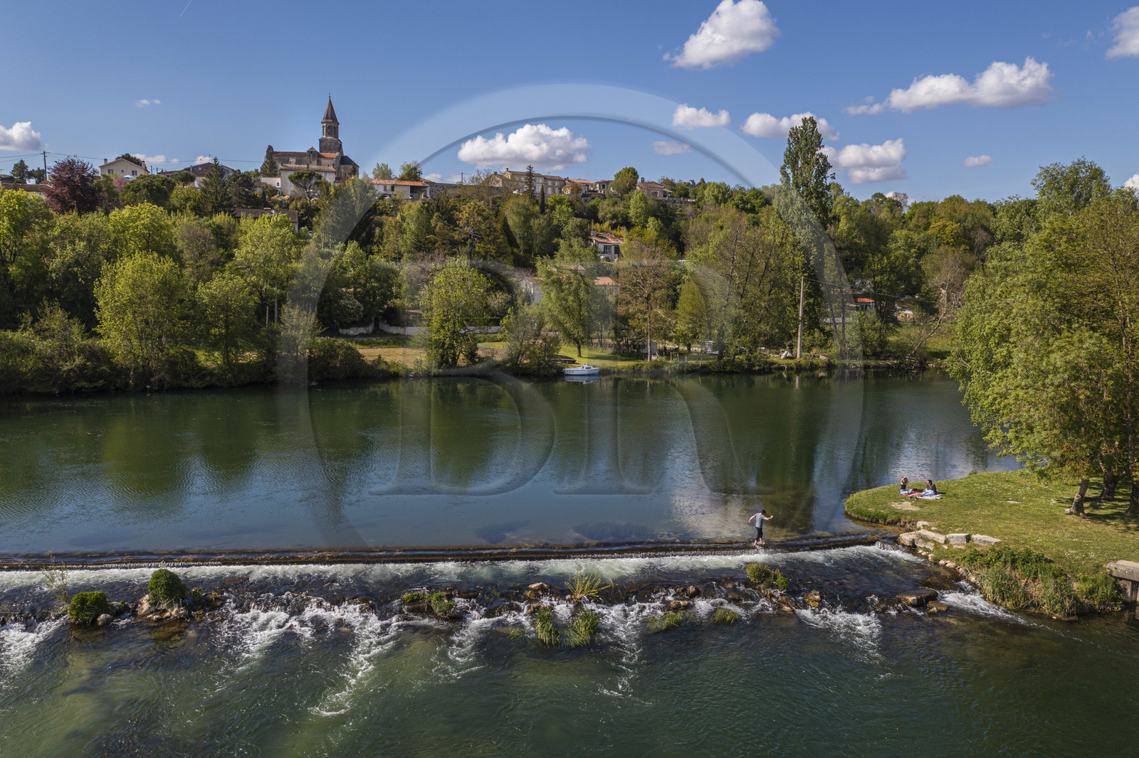 France, Charente, Saint-Simeux, small dam on the Charente river at the lock along the Flow Vélo cycle route (aerial view)