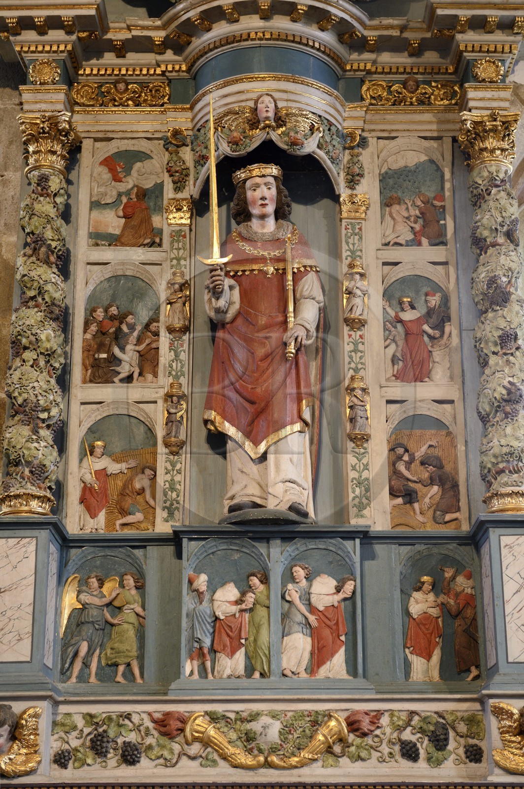 France, Finistère (29), Guimiliau, l'église et le calvaire dans l'enclos paroissial, Retable de Saint-Miliau