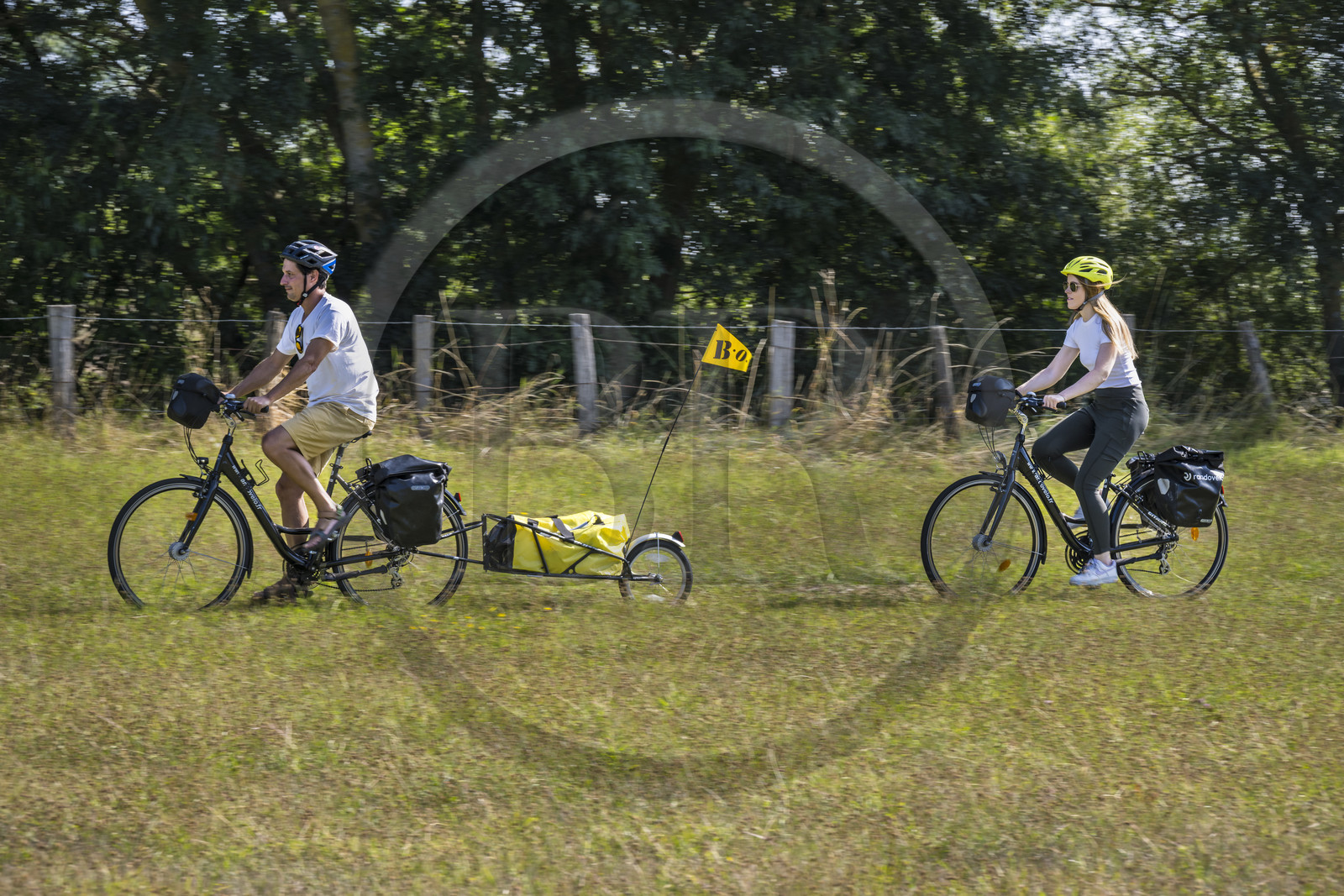 France, Maine-et-Loire (49), vallée de la Loire classée au Patrimoine Mondial par l'UNESCO, Saumur vers Saint-Hilaire, randonnée à bicyclette sur les berges de la Loire, vélo avec une remorque transportant le matériel de camping