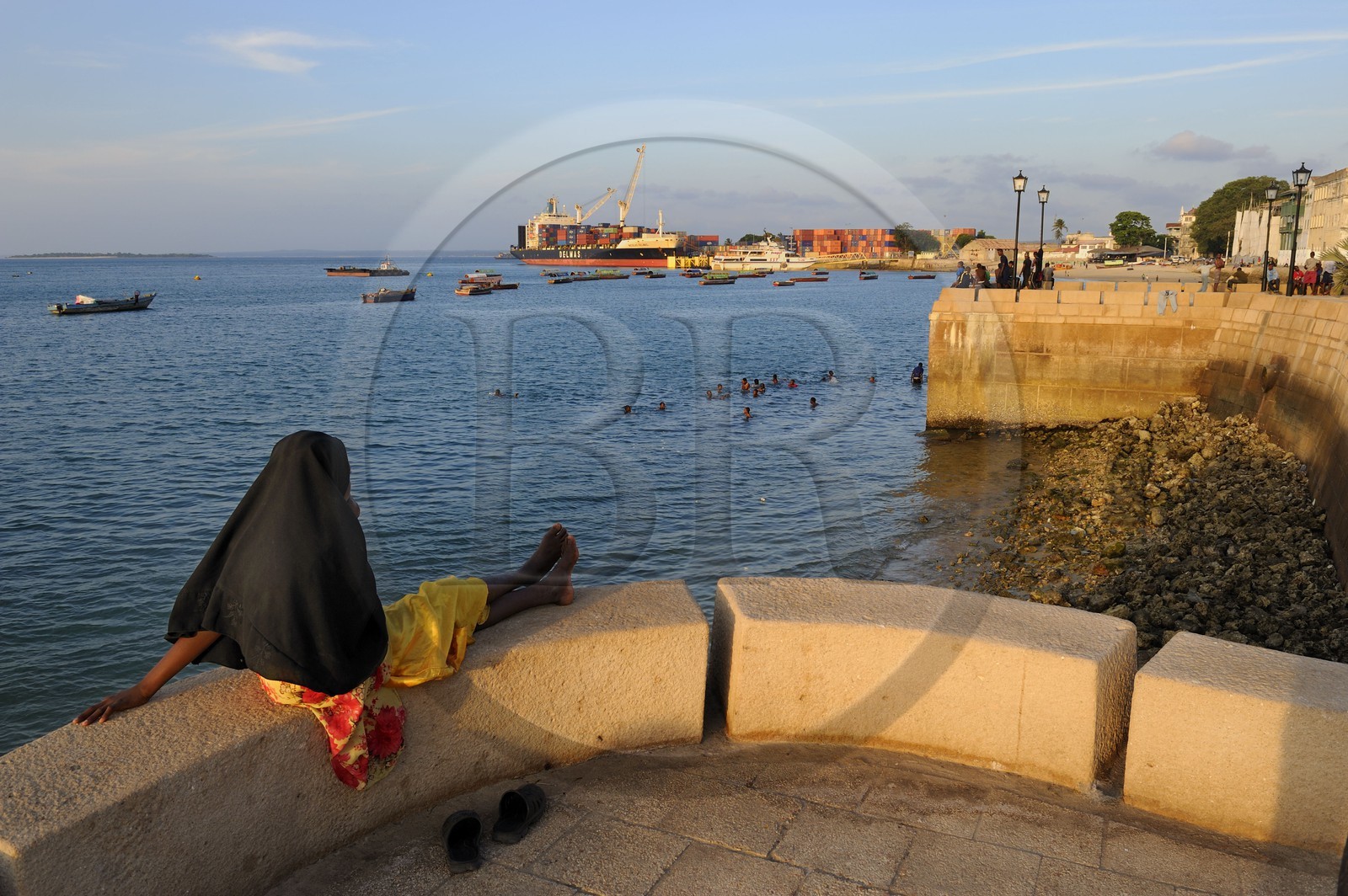 Tanzanie, archipel de Zanzibar, île de Unguja (Zanzibar), ville de Zanzibar, quartier Stone Town, classé Patrimoine Mondial de l' UNESCO, le port de commerce vu depuis les jardins Forodhani