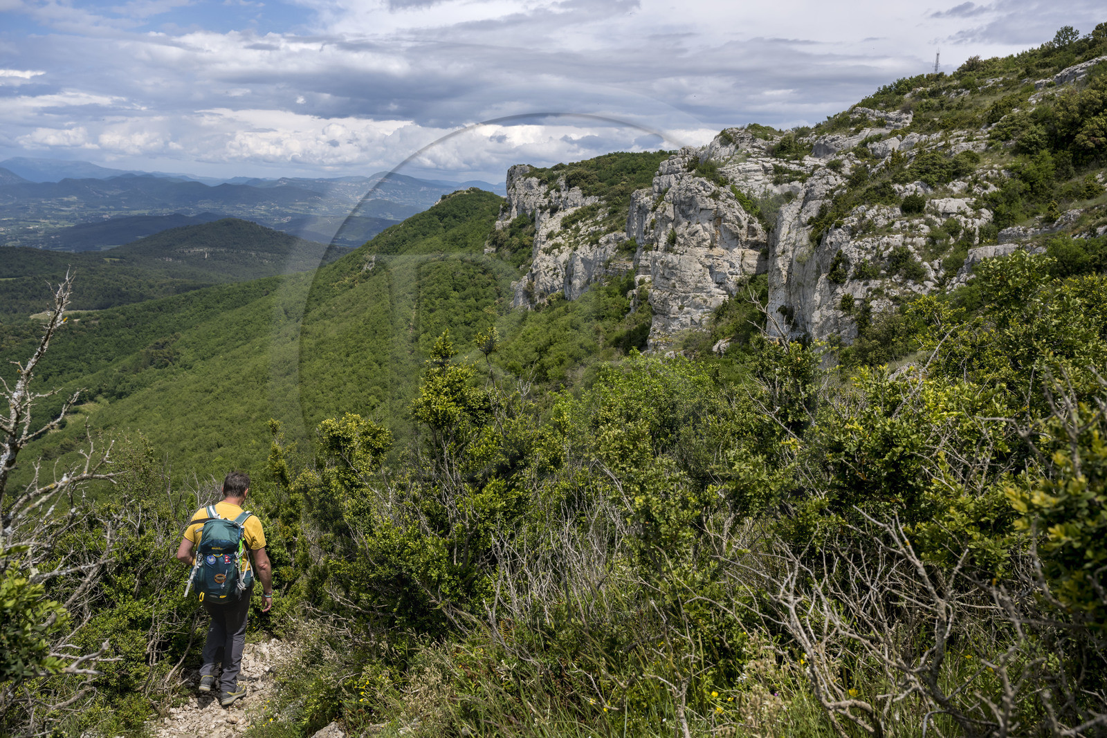 France, Vaucluse (84), Dentelles de Montmirail, randonneurs descendant des crêtes de Saint-Amand