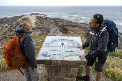 France, Cotes d'Armor, Grand Site de France Cap d'Erquy - Cap Frehel, Erquy, toposcope orientation table on the Saint-Michel islet