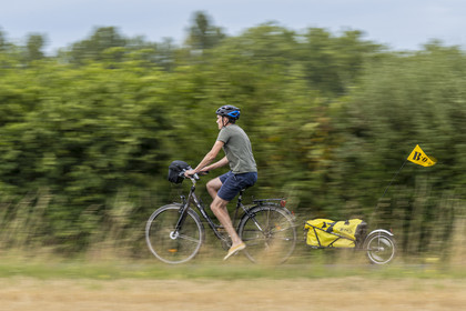 France, Maine-et-Loire (49), vallée de la Loire classée au Patrimoine Mondial par l'UNESCO, Saumur vers Saint-Hilaire, randonnée à bicyclette avec une remorque transportant le matériel de camping