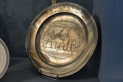 France, Bas Rhin, Strasbourg, old town listed as World Heritage by UNESCO, Musée alsacien (Alsatian museum), culture of the Jews of Alsace, Shabbat dish, family sitting at the table in front of a fish dish for Shabbat