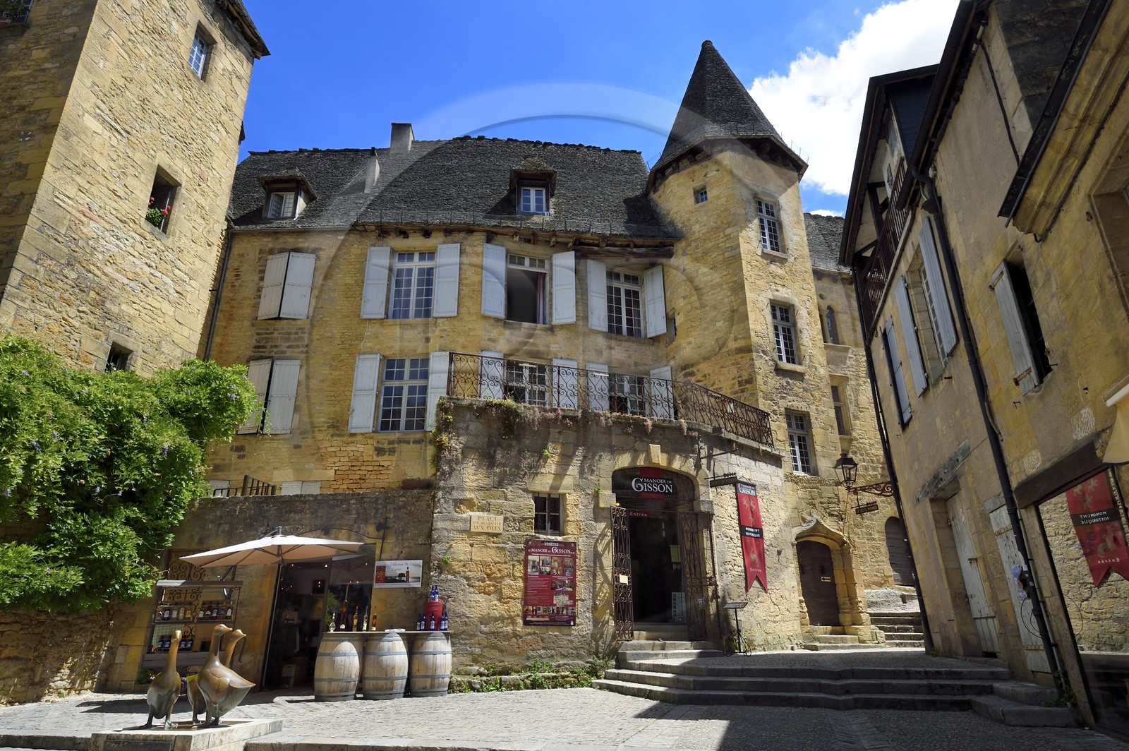 France, Dordogne, Perigord Noir, Dordogne valley, Sarlat la Caneda, Goose Market Place, geese statue by Lalanne, in the background the Manoir de Gisson