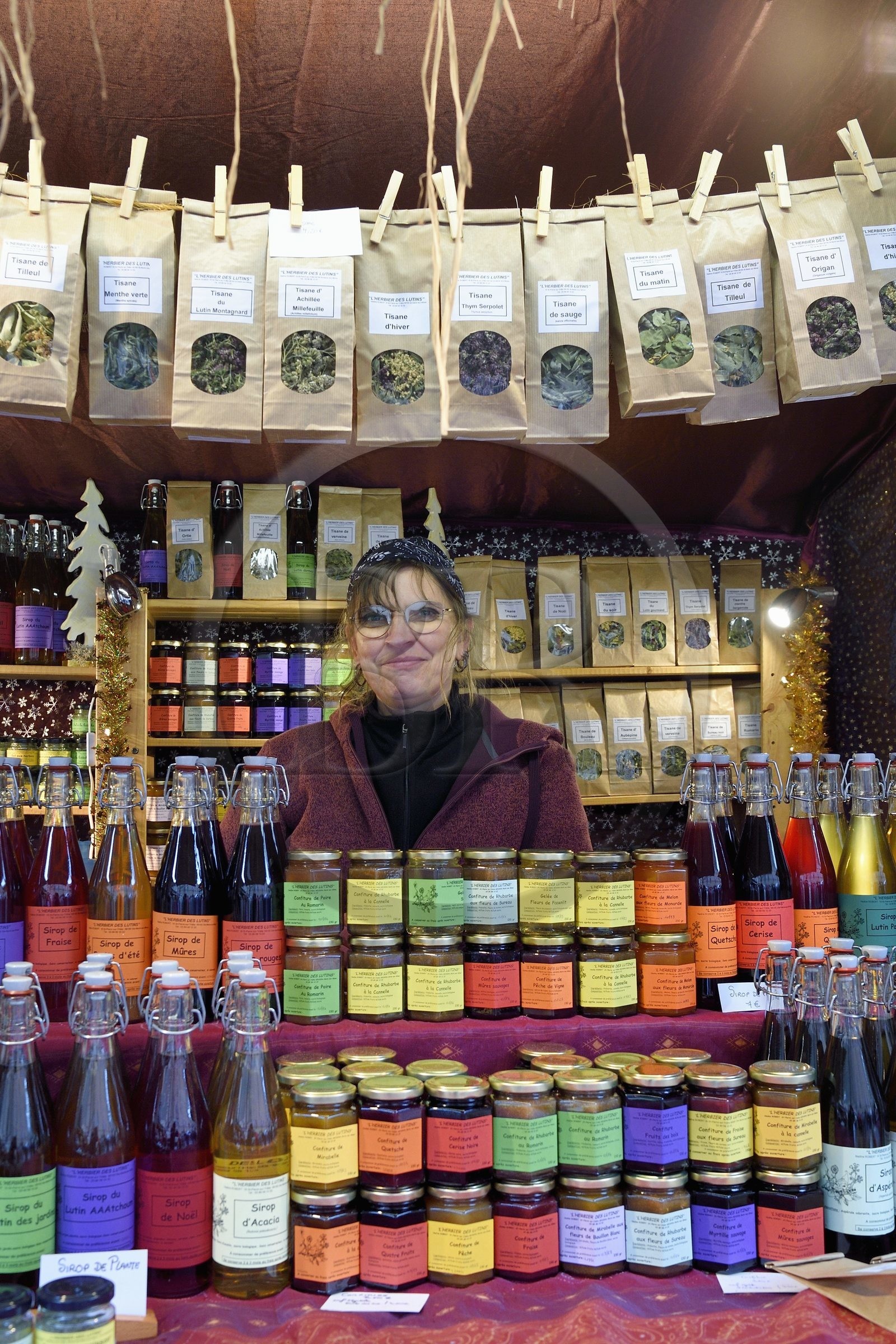 France, Haut Rhin, Strasbourg, Kaysersberg, stand of Nadine Robert from L'Herbier Des Lutins who collects and transforms wild plants and fruits