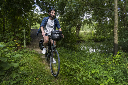 France, Deux-Sèvres, le Marais Poitevin, Green Venice, Le Vanneau-Irleau, bicycle journey along the canals and crossing a footbridge