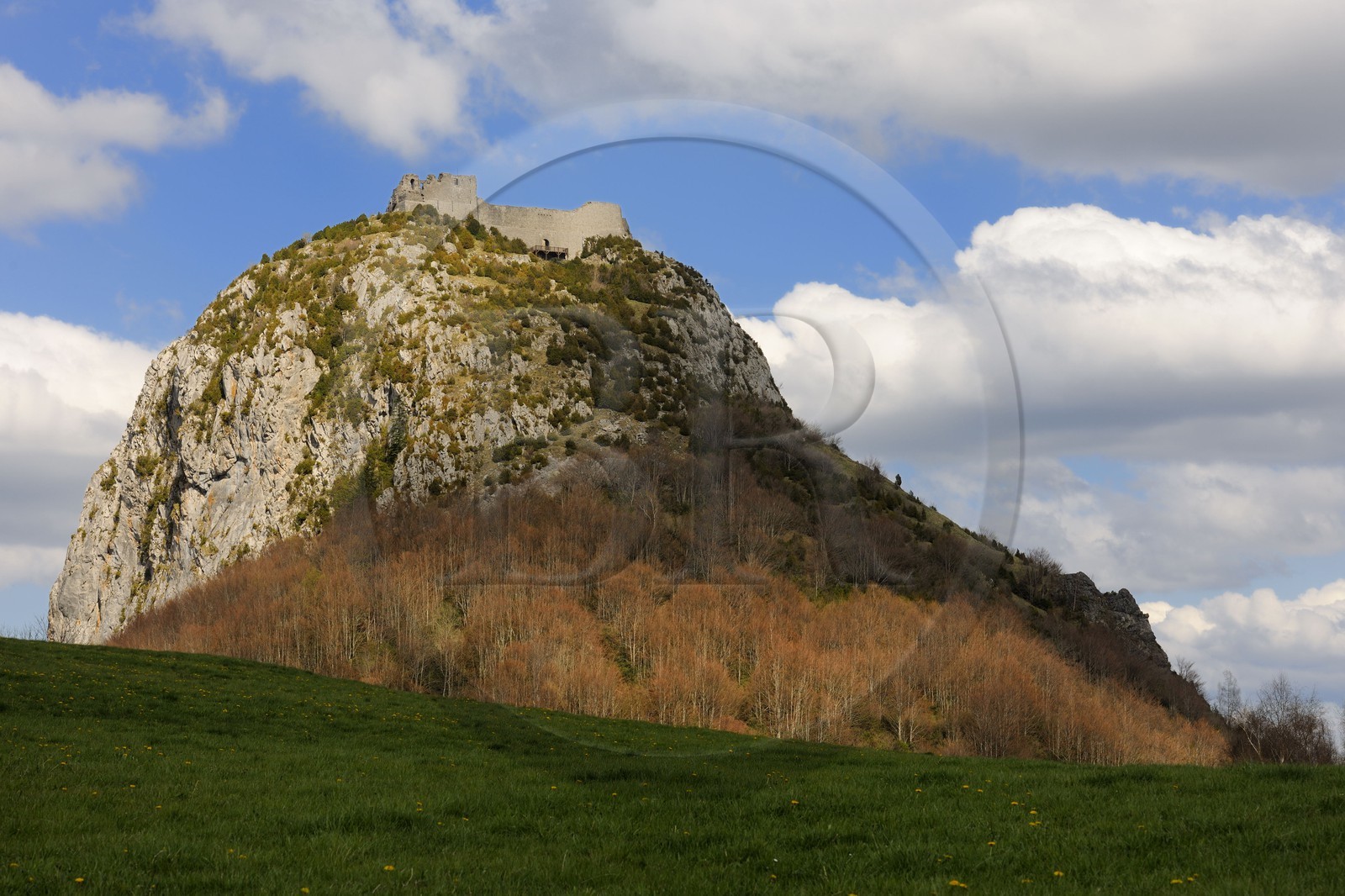 France, Ariege, Pays d' Olmes, Cathar Castle of Montsegur perched on a rock