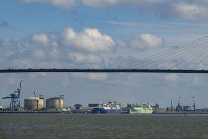 France, Loire Atlantique, Estuaire de la Loire, Saint Nazaire, the Saint-Nazaire bridge and the Grand port maritime de Nantes-Saint-Nazaire in the background