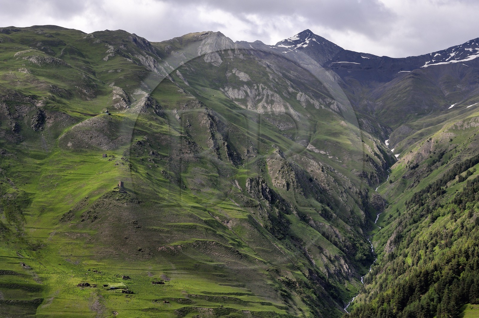 Géorgie, Kakheti, Parc national de Touchétie, vallée de la rivière Alazani dans les montagnes de Pirikiti, hameau à l'Est du village de Dartlo, ruines de tours médiévales fortifiées