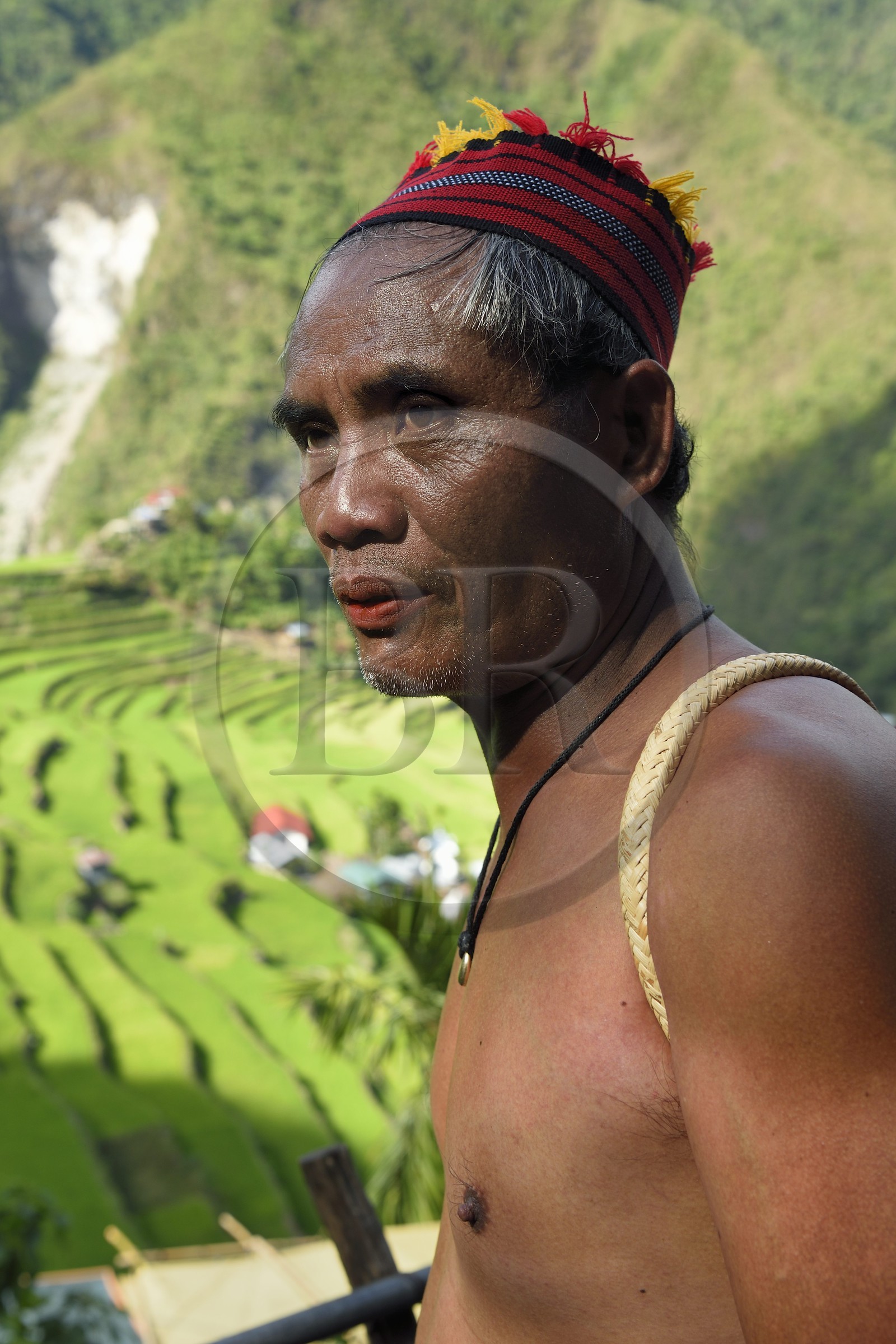 Philippines, province d'Ifugao, les rizières en terrasses de Banaue autour du village de Batad, classées Patrimoine Mondial de l'UNESCO, le guide Adolpho revetu du costume traditionnel Ifugao