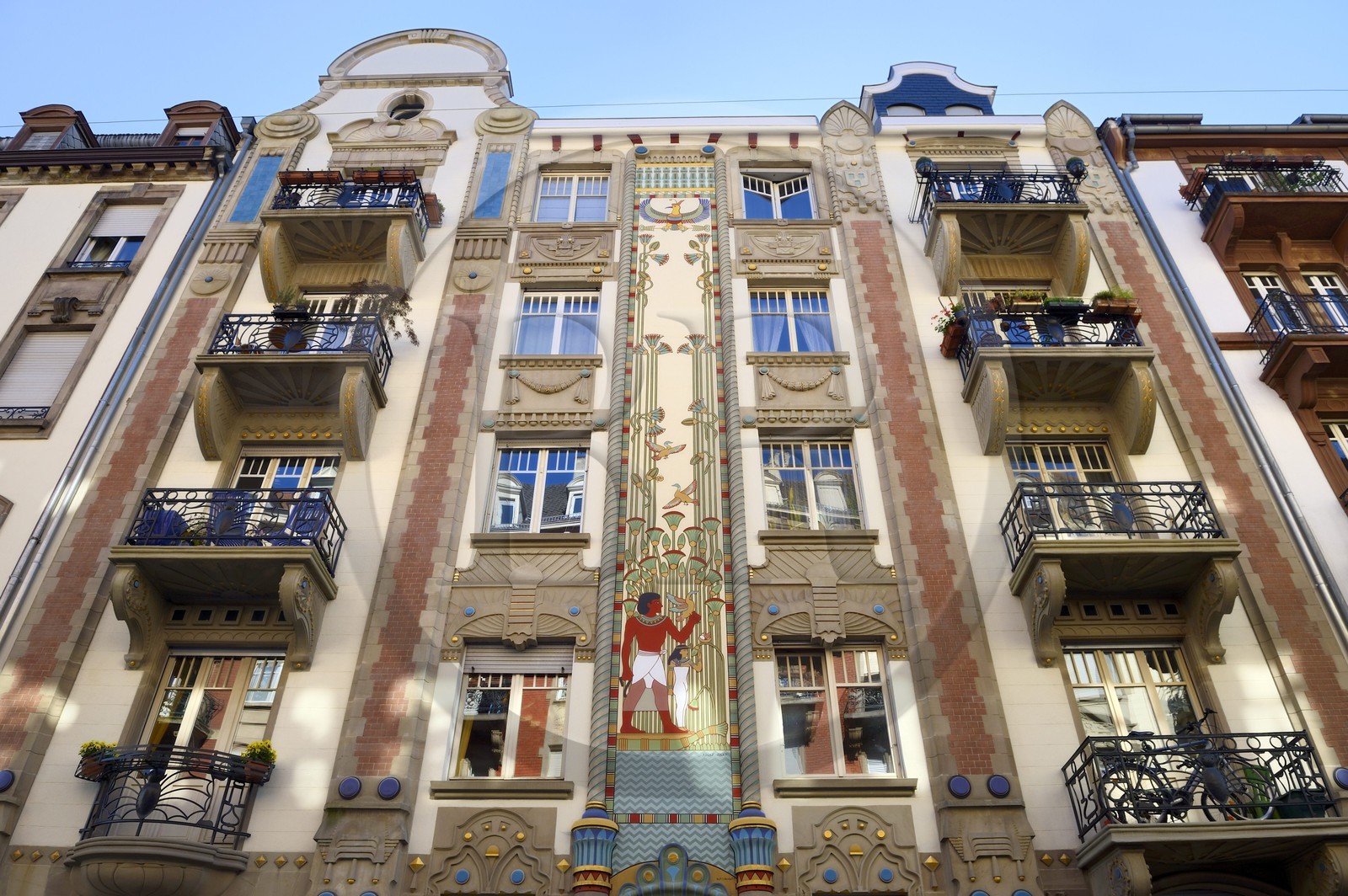 France, Bas Rhin, Strasbourg, Neustadt district dating from the german period, Art Nouveau and Orientalist building known as Egyptian House at 10 rue du General Rapp by architect Scheyder and polychrome fresco with Egyptian figures and plant motifs by the artist Zilly (1905-1906)