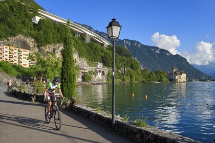 Suisse, Canton de Vaud, Veytaux, chateau Chillon sur les rives du lac Lémanet sous le viaduc de l'autoroute 9