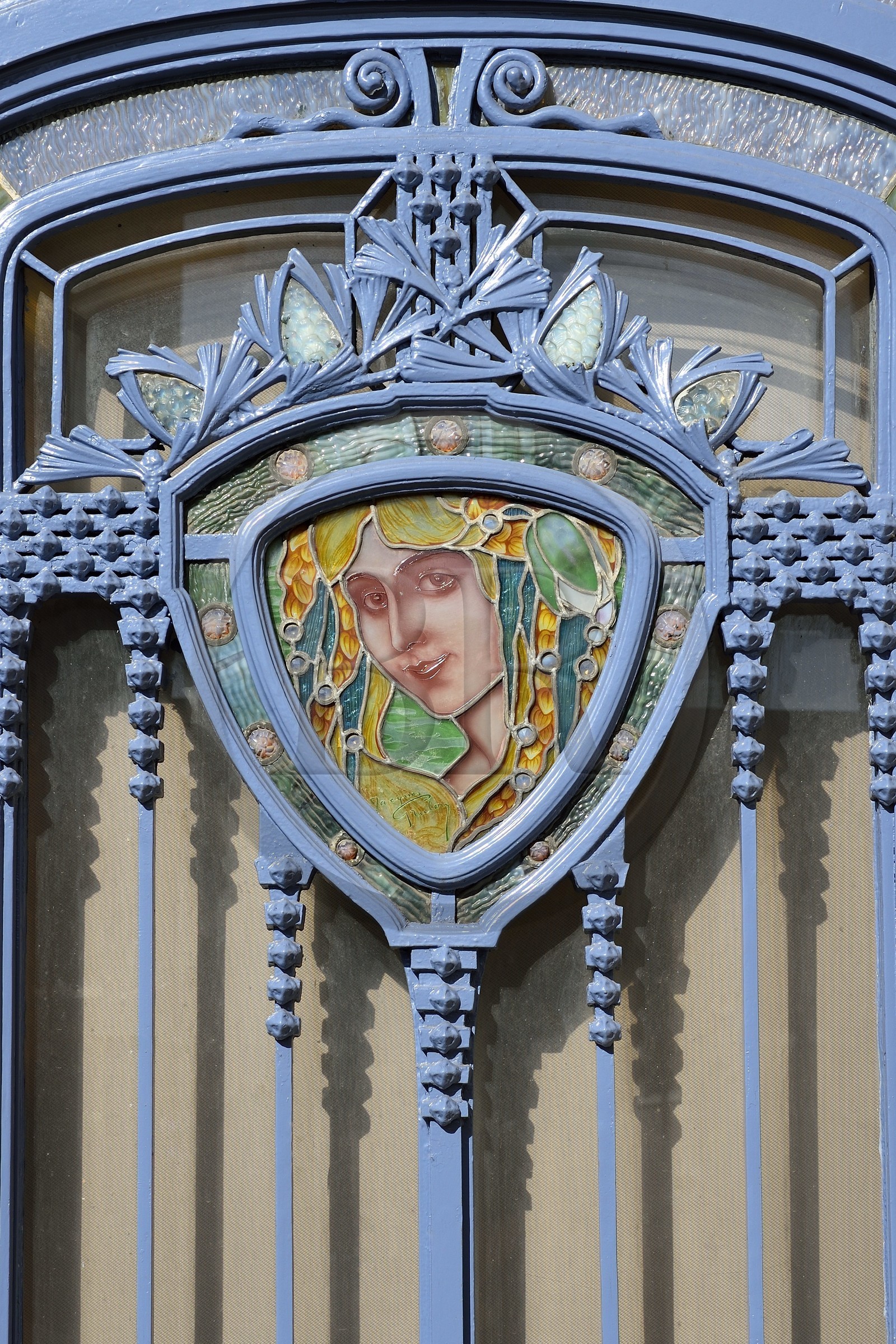 France, Meurthe-et-Moselle, Nancy, Ecole de Nancy Museum in the former estate of Eugene Corbin, stained glass window on the front door