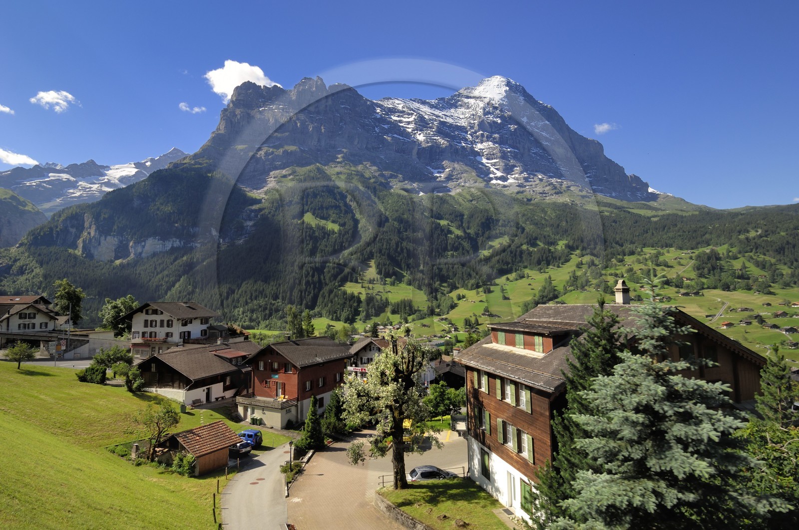 Suisse, Canton de Berne, Oberland bernois, massif de la Jungfrau (3 454 m) dit le toit de l' Europe, classé Patrimoine Mondial de l' UNESCO, Grindelwald et le mont Eiger (3 970m)