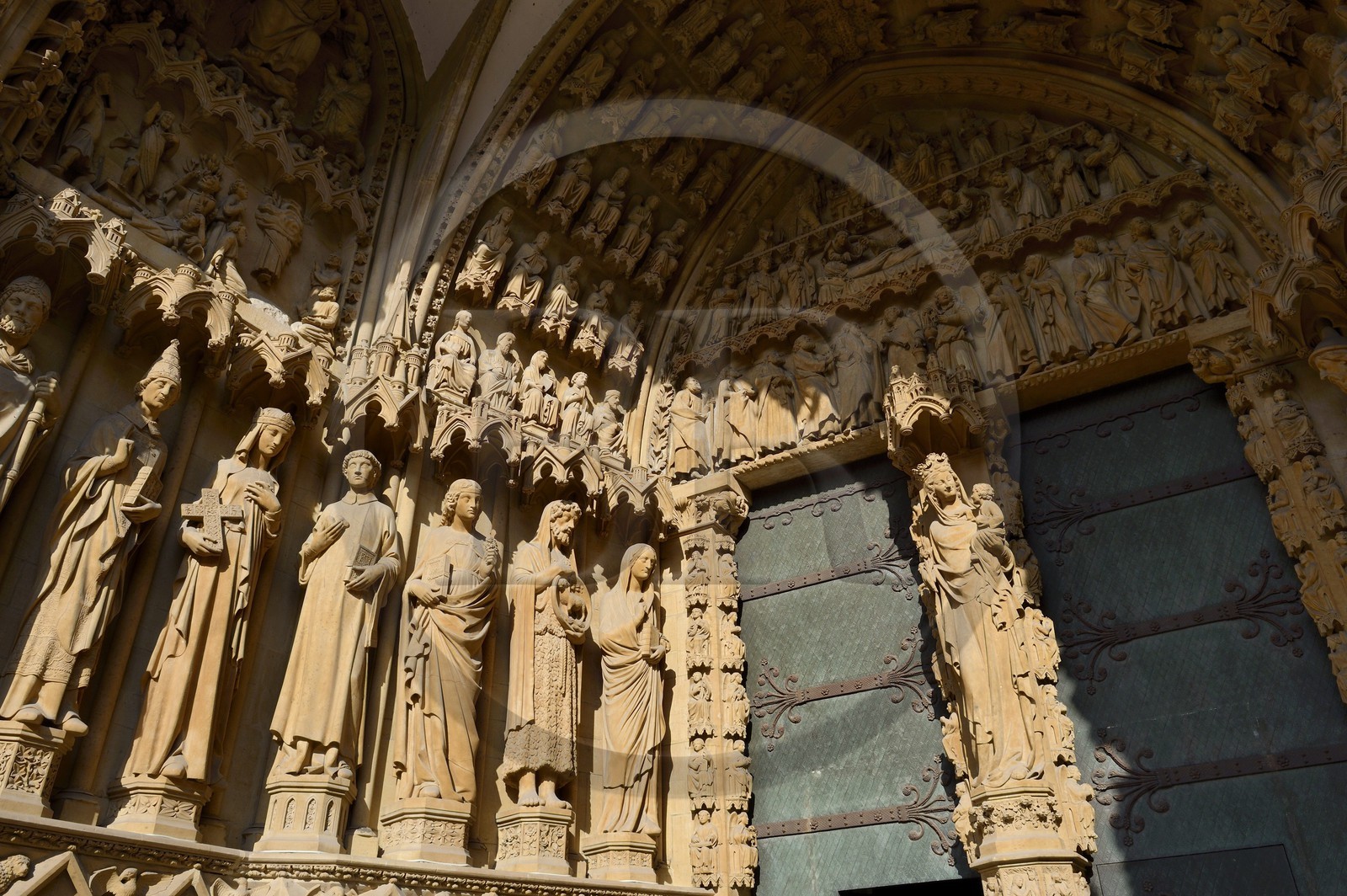 France, Moselle, Metz, Saint Etienne cathedral in pierre de Jaumont (stone of Jaumont), the portal of the Virgin, obstructed in the 18th century and restored in 1885