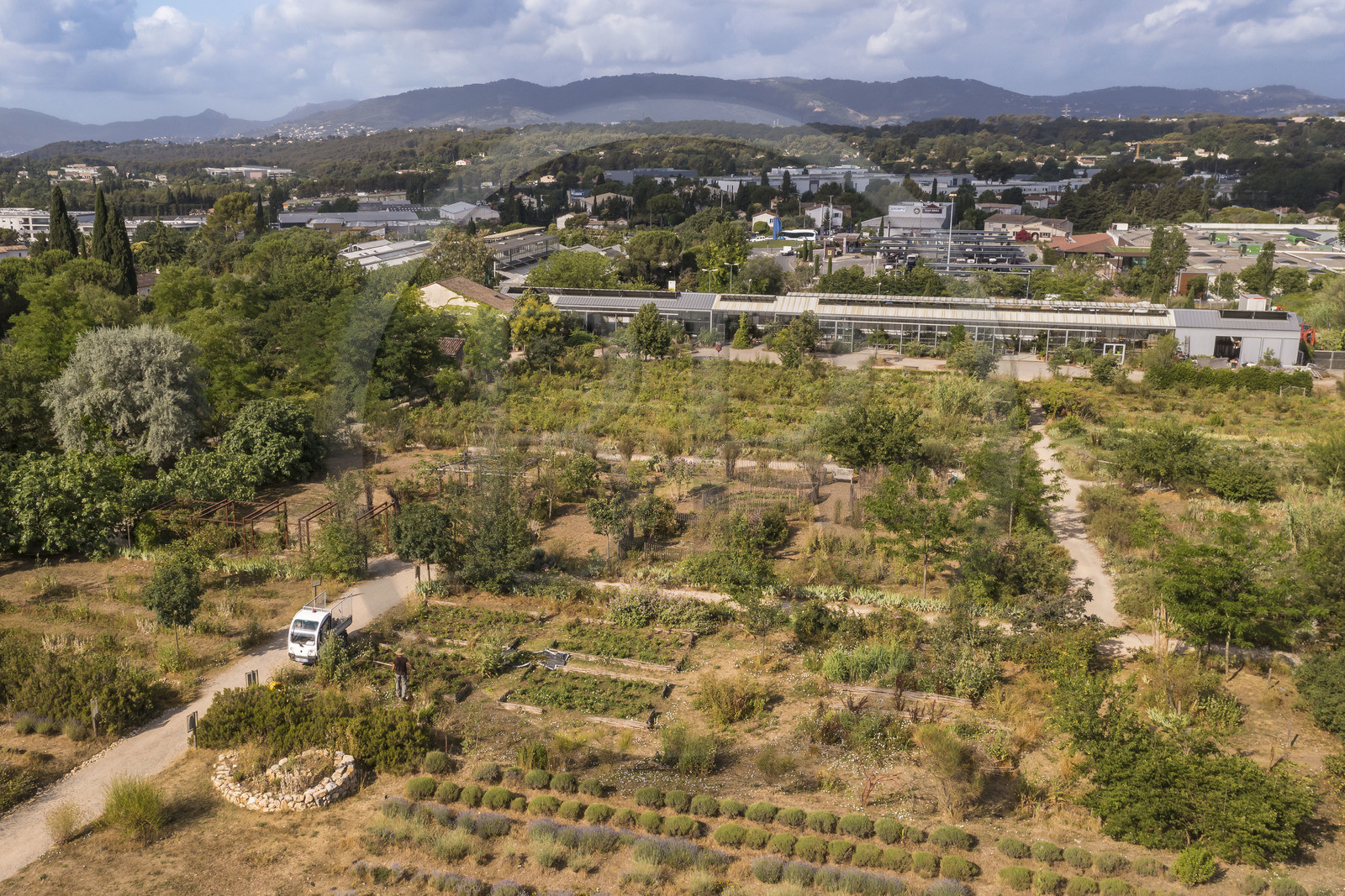 France, Alpes-Maritimes (06), Mouans-Sartoux, Jardins du Musée International de la Parfumerie​ (MIP) (vue aérienne)