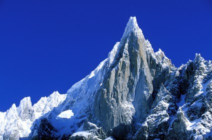 France, Haute Savoie, Chamonix valley, Mer de glace in the Vallee Blanche, Mont Blanc, Aiguille of the Dru at the summit of the Aiguille verte
