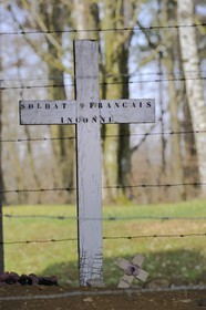 France, Meuse, Verdun area, Douaumont, Tranchee des Baionnettes (Trench of Bayonets), monument in memory of a detachment buried in their trench during a bombardment and where only a few inches of soil bayonets remained emergent, cross on the tomb of an unknown soldier
