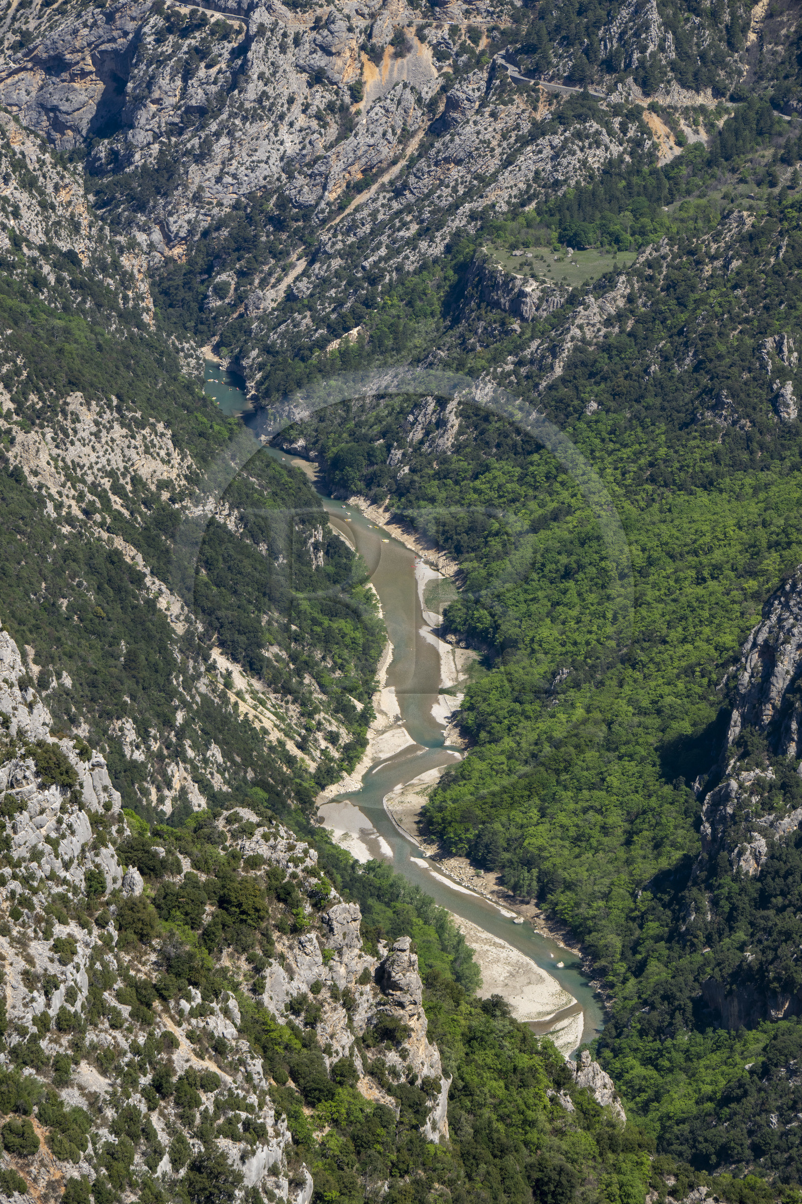 France, Var on the Left Bank and Alpes de Haute Provence on the Right Bank, Parc Naturel Regional du Verdon, the Verdon Gorge opening onto Lake St. Croix seen from the Col d'Illoire