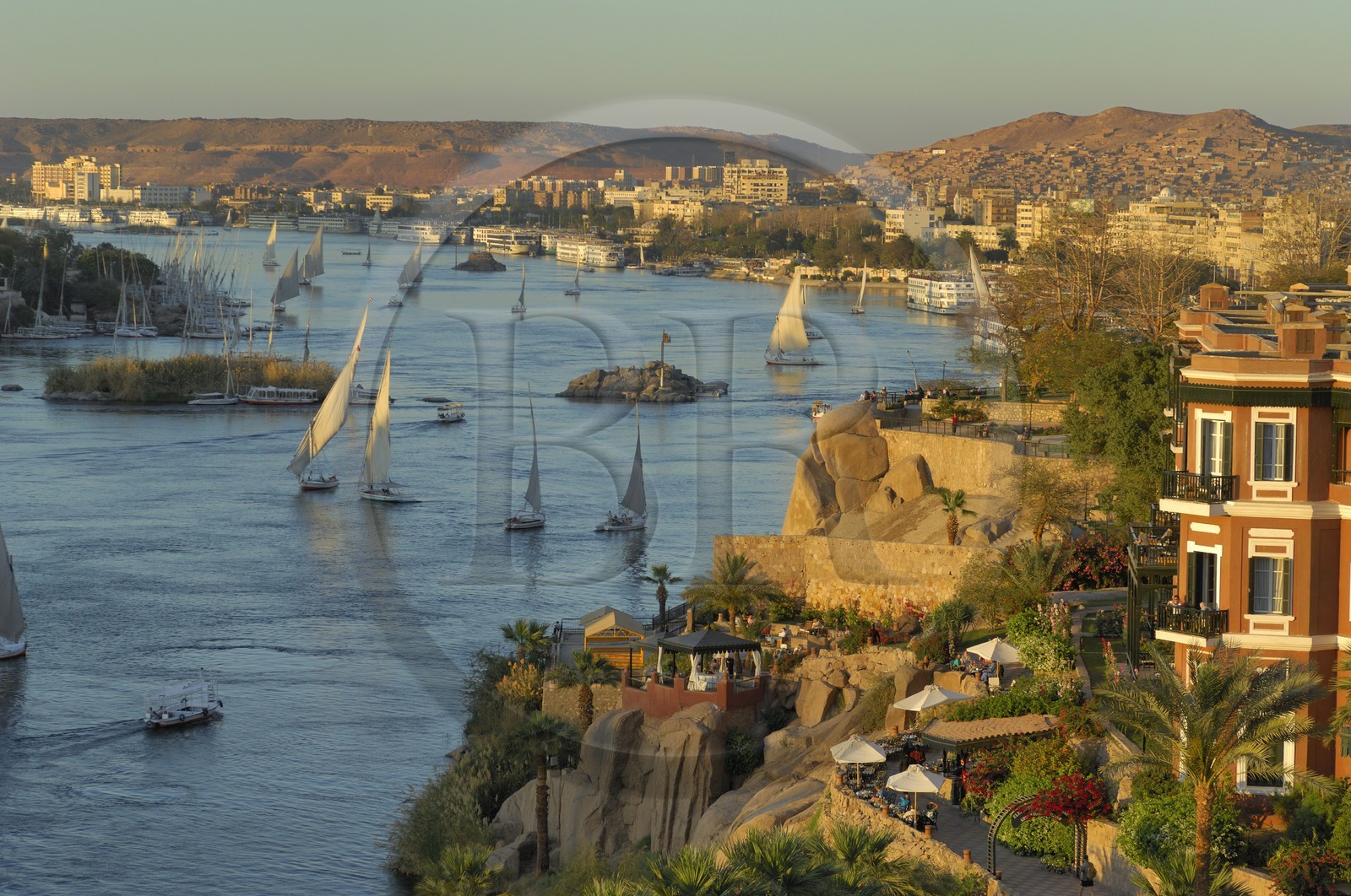Egypt, Upper Egypt, Nile Valley, Aswan, feluccas on Nile River at Old Cataract Hotel