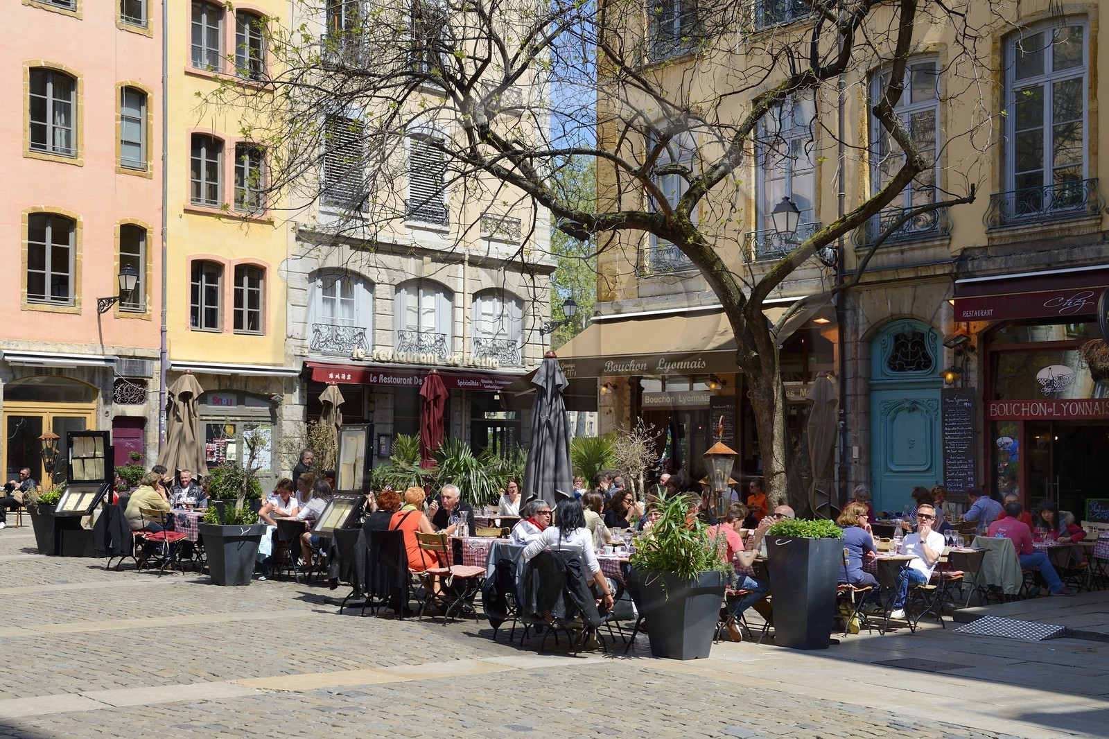 France, Rhone, Lyon, historical site listed as World Heritage by UNESCO, St. Paul neighborhood in the Vieux Lyon (Old Town), Place du Change and Bouchons Lyonnais (typical and traditional restaurants of Lyon)