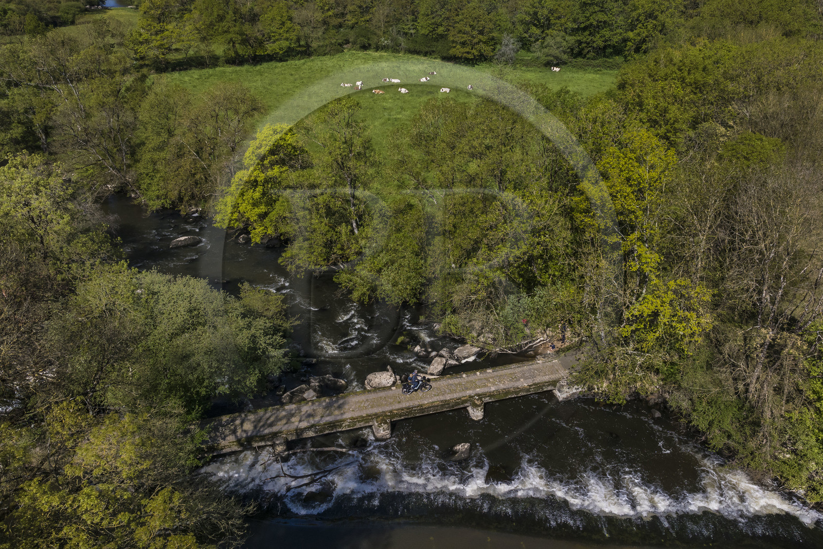 France, Vendée (85), Chanverrie, randonnée cycliste sur la piste de la véloroute Vendée Vélo Tour, passage du pont du Guy sur la Sèvre Nantaise non loin du moulin de la Garde (vue aérienne)