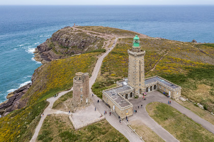 France, Cotes d'Armor, Grand Site de France Cap d'Erquy - Cap Frehel, Plevenon, the Cap Fréhel lighthouse (1950) and the Vauban lighthouse (1702) on the GR 34 hiking trail (aerial view)
