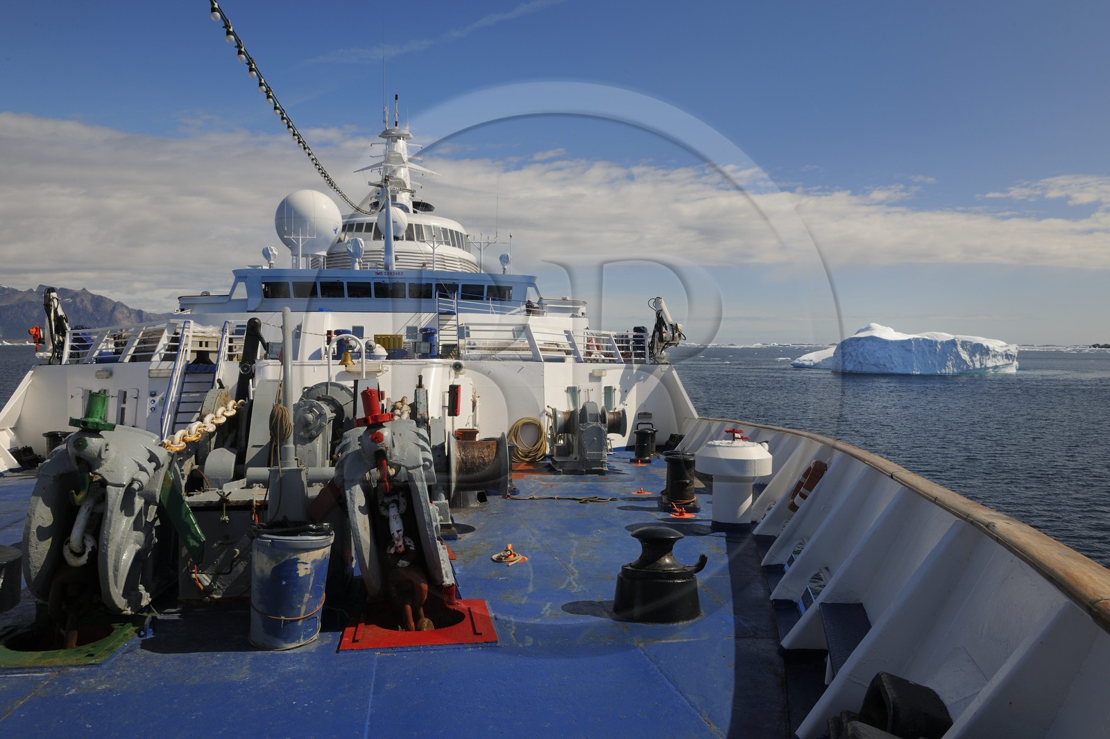 Greenland, Nanortalik Fjord, Princess Danae cruise ship moving between the icebergs