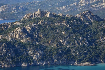 France, Corse-du-Sud (2A), le site naturel de Cala de Roccapina, la tour génoise de Roccapina et le rocher du Lion (vue aérienne)