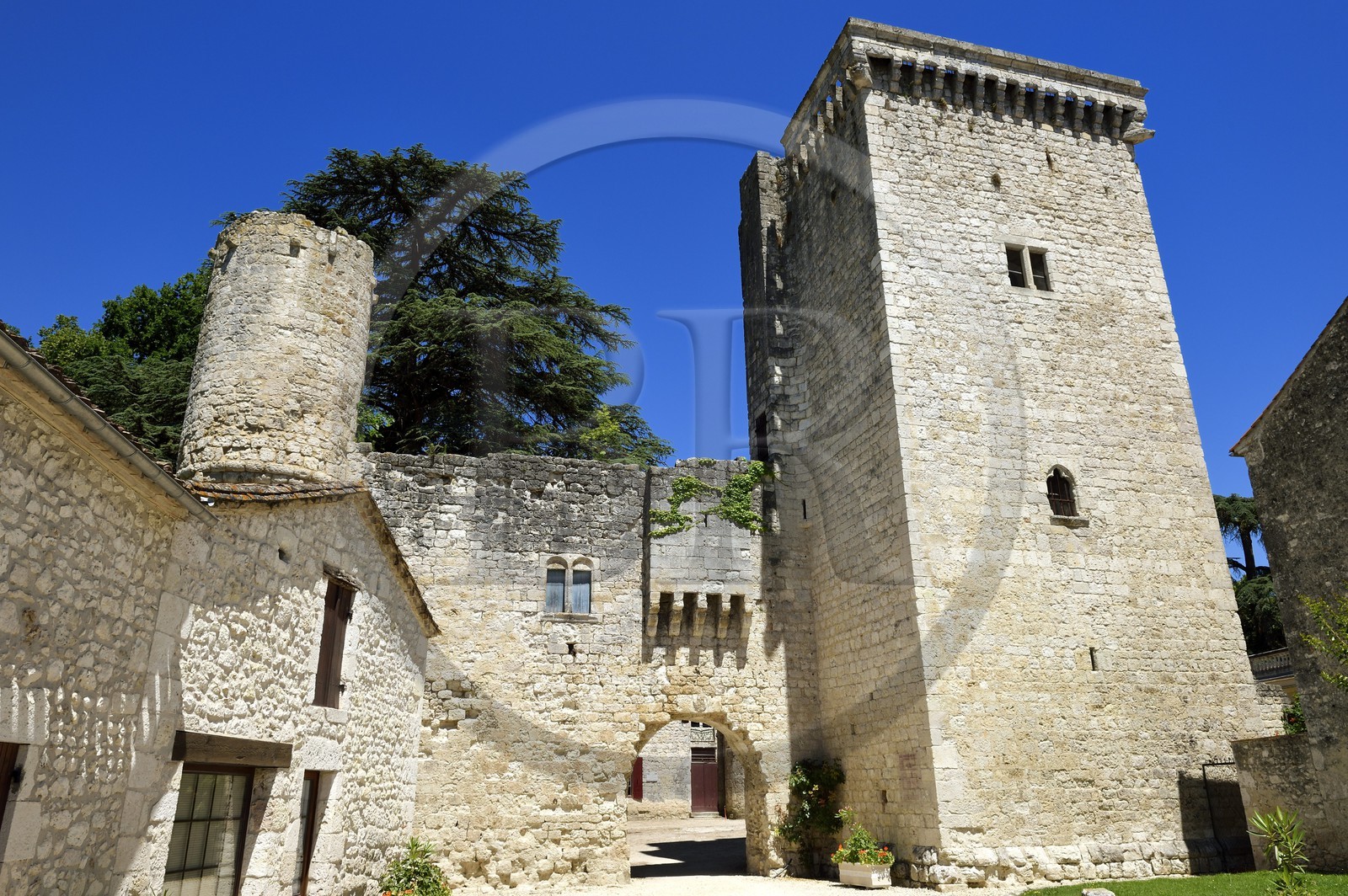 France, Dordogne, Perigord Pourpre, Eymet, the Eymet castle with the South Gate and the tour Monseigneur (Bishop tower)
