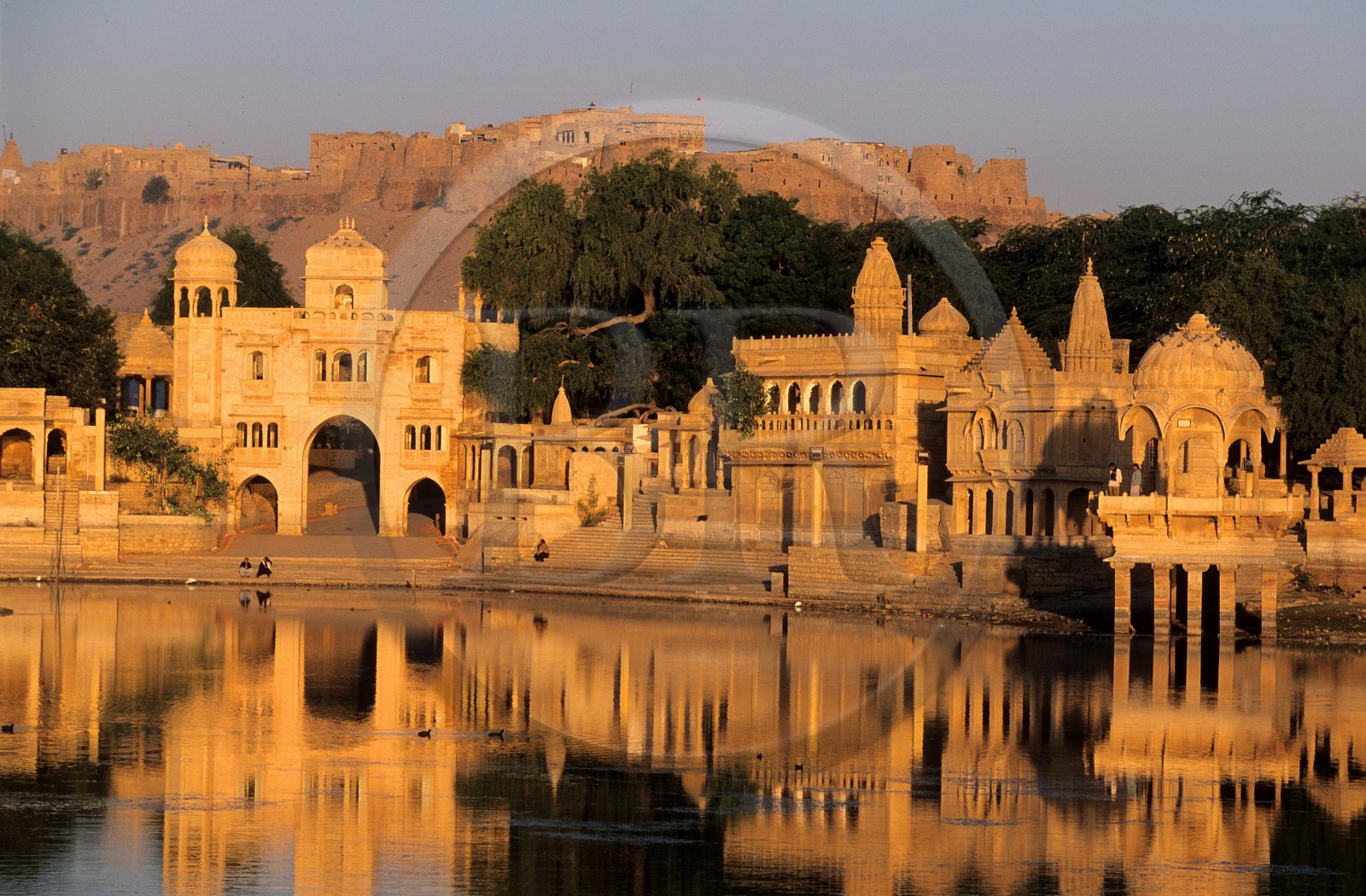 India, Rajasthan State, Jaisalmer fort, Gadi Sagar lake, Tila ki Pol door and Pavilions