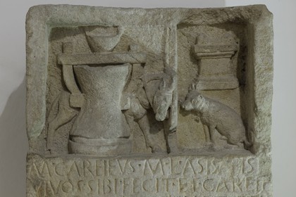 France, Aude, Narbonne, Palais des Archevêques, archaeological museum, small tombstone or cippus of a baker (1st century)
