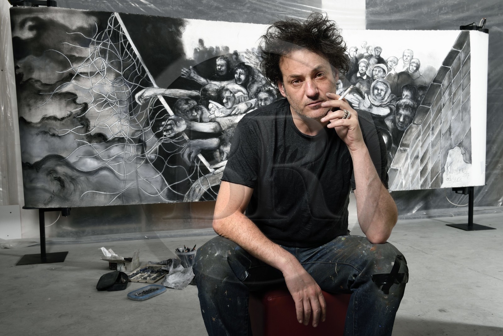 France, Val-de-Marne (94), Yvry-sur-Seine, Atelier de Fred Kleinberg, travail pour l'exposition Odyssée