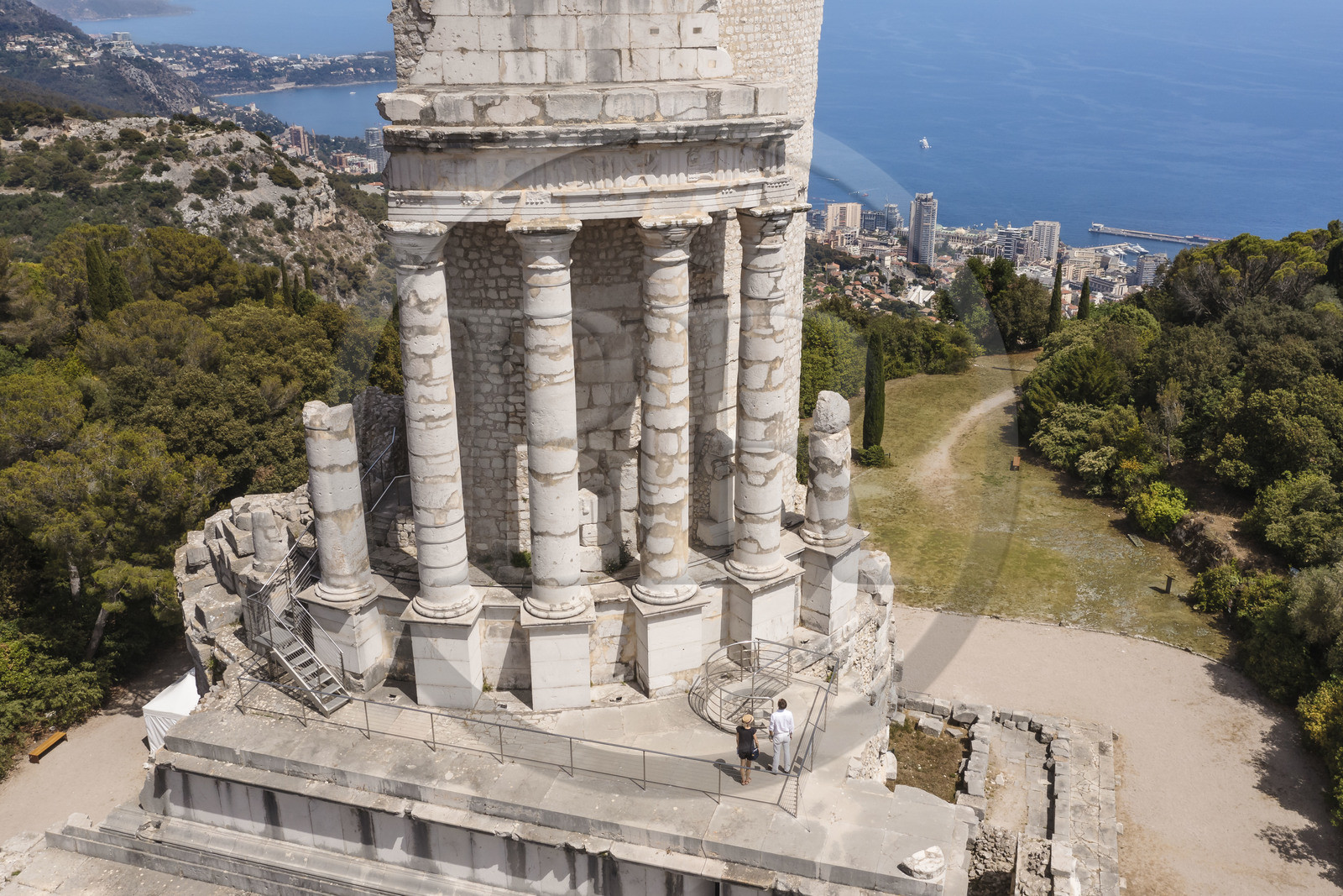 France, Alpes-Maritimes, La Turbie, Trophée d'Auguste or Trophée des Alpes, Roman monument built in the year 6 BC., the Principality of Monaco in the background (aerial view)