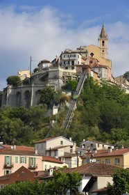 France, Alpes-Maritimes, the hilltop village of Contes and its inclined lift that leads to the St. Mary Magdalene Church