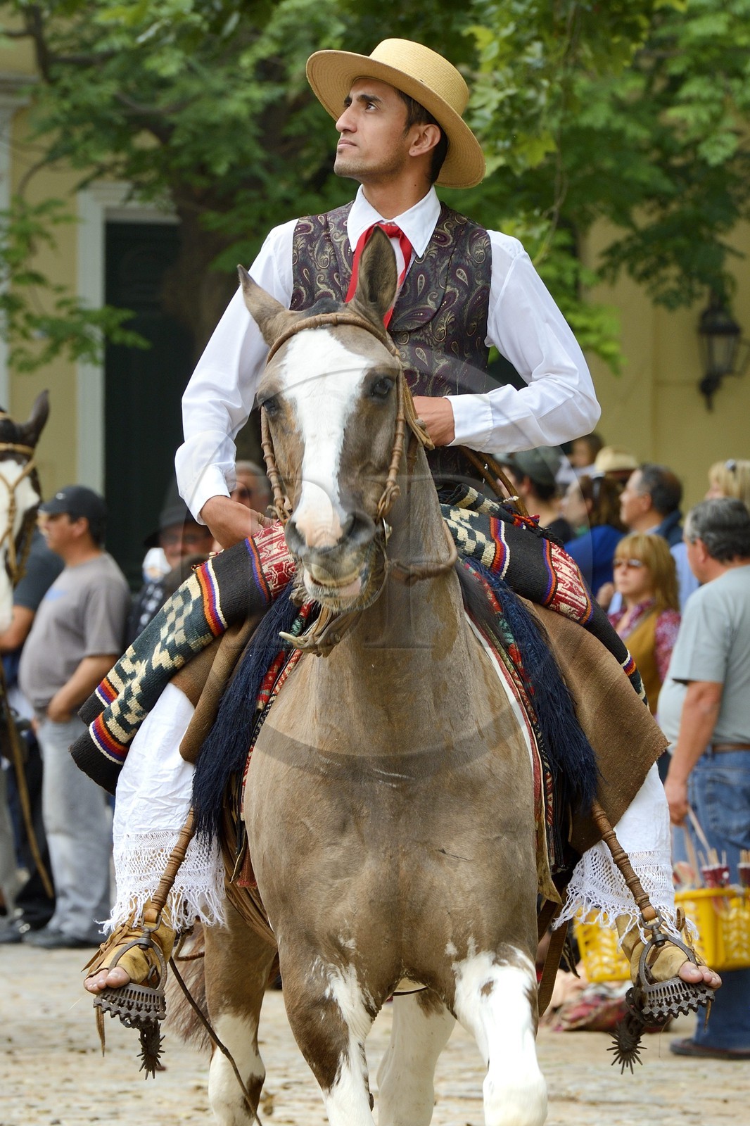 Argentine, province de Buenos Aires, San Antonio de Areco, fête du Jour de la Tradition (Dia de la Tradicion), défilé de gauchos à cheval en habit traditionnel, à noter les Botas de Potro - bottes faites d'une seule pièce de cuir sans couture dans les extrémités postérieures des chevaux