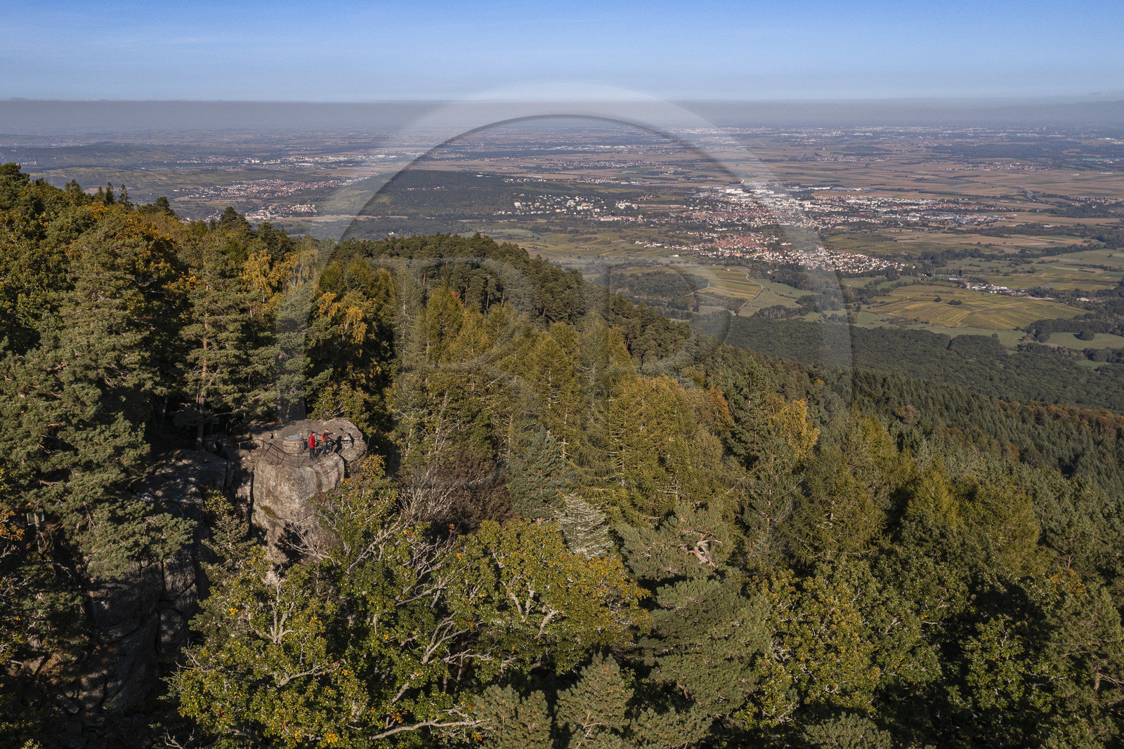 France, Bas-Rhin (67), Mont Saint-Odile, randonnée des chemins des Chateaux-forts d'Alsace, le rocher du Maennelstein en bordure du Mur Paien, éperon rocheux en grès haut d'une quinzaine de mètres qui surplombe à 817 m la plaine d'Alsace (vue aérienne)