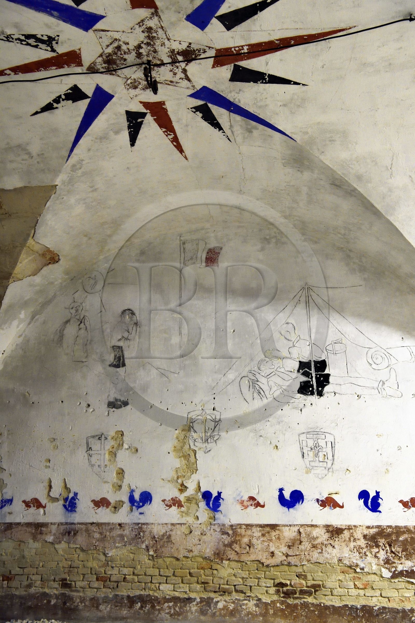 France, Haut-Rhin, Neuf Brisach, Museum of Urban Art and Street Art (MAUSA) housed in a former casemate of the Vauban citadel listed as World Heritage by UNESCO, the drawings, writings and stencils in this room were made in 1945 by scouts who came to take refuge during the bombings
