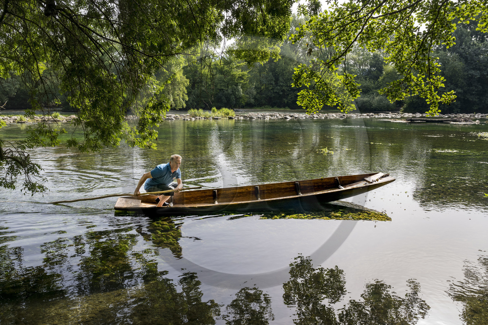 France, Vaucluse, L'Isle sur la Sorgue, François Arnaud member of the brotherhood of fishermen the Pescaïres de la Sorgue sailing on the Sorgue river on a flat-bottomed boat called Nègo Chin