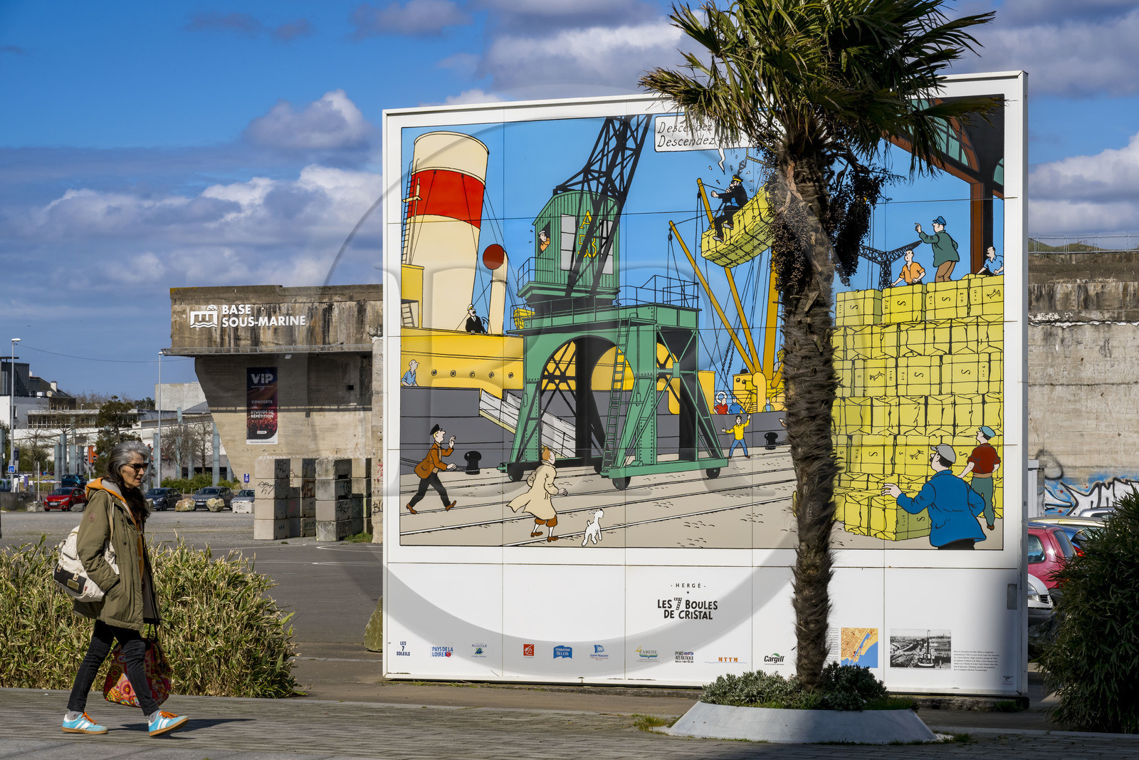 France, Loire-Atlantique, Saint-Nazaire, dock of the former German submarine base, one of the six frescoes on enamelled metal panels reproducing vignettes from the comic book album on the very places where the adventures of Tintin take place