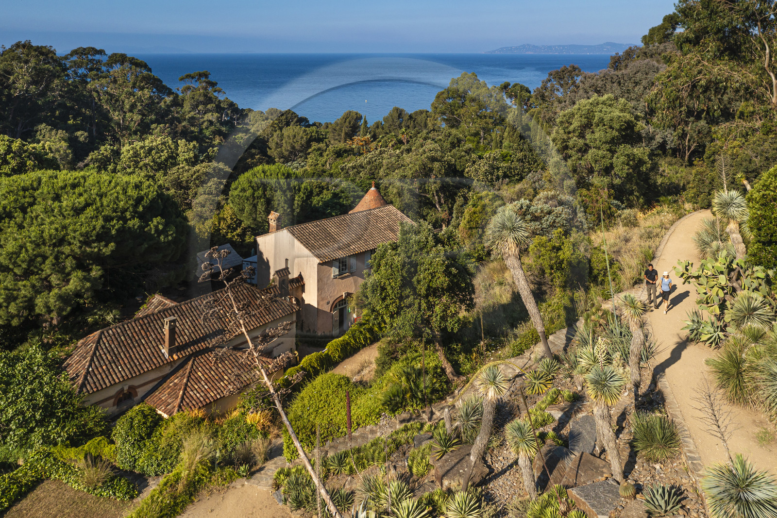France, Var (83), Rayol-Canadel-sur-Mer, Domaine du Rayol, propriété du conservatoire du littoral mention obligatoire, le jardin des Méditerranées conçu par le paysagiste Gilles Clément, le Jardin d'Amérique aride et l'ancienne ferme (vue aérienne)