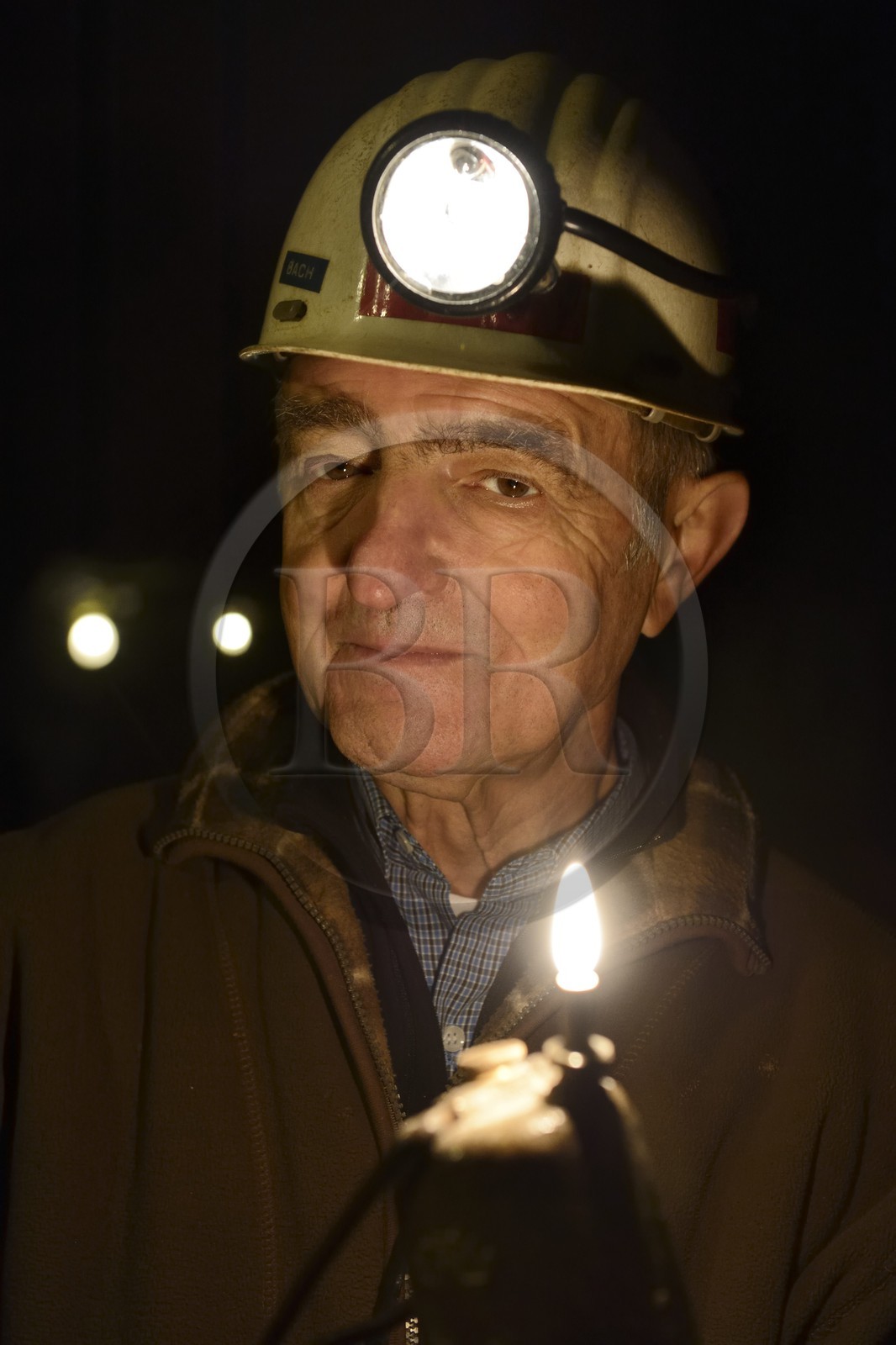 France, Moselle, Fensch Valley, Neufchef, Antoine Bach spent 36 years underground as miner chief in the galleries of the old iron mine of Hayange, acetylene lamp
