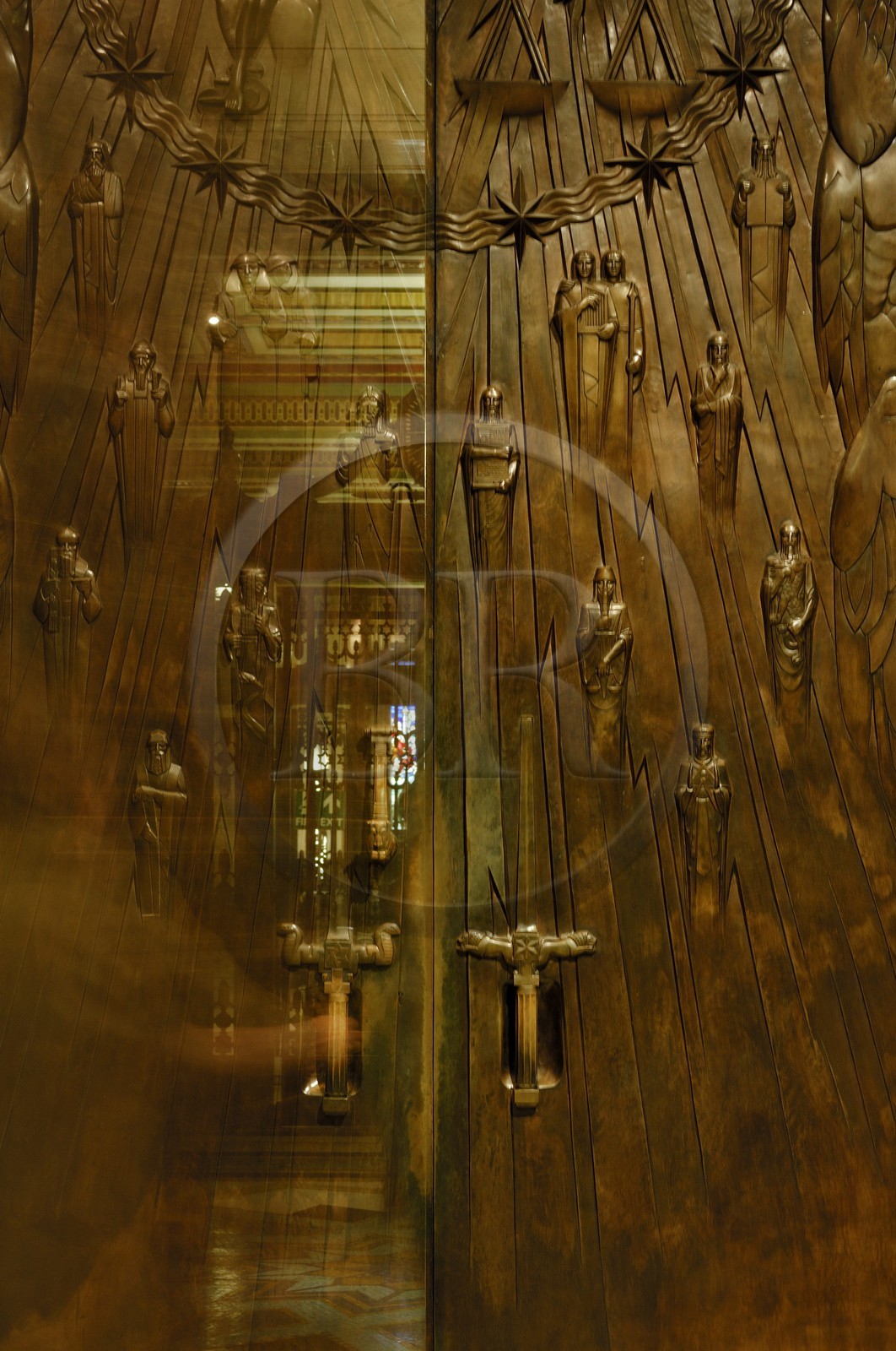 United Kingdom, London, United Grand Lodge of England, sculpted bronze door of the Grand Temple
