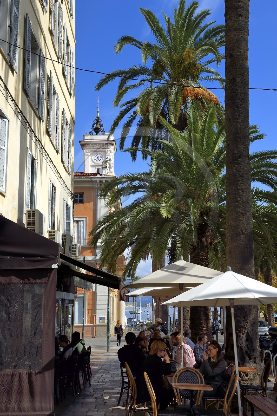 France, Corse-du-Sud (2A), Ajaccio, l’hôtel de ville place Maréchal Foch et l’hotel de ville en arrière plan